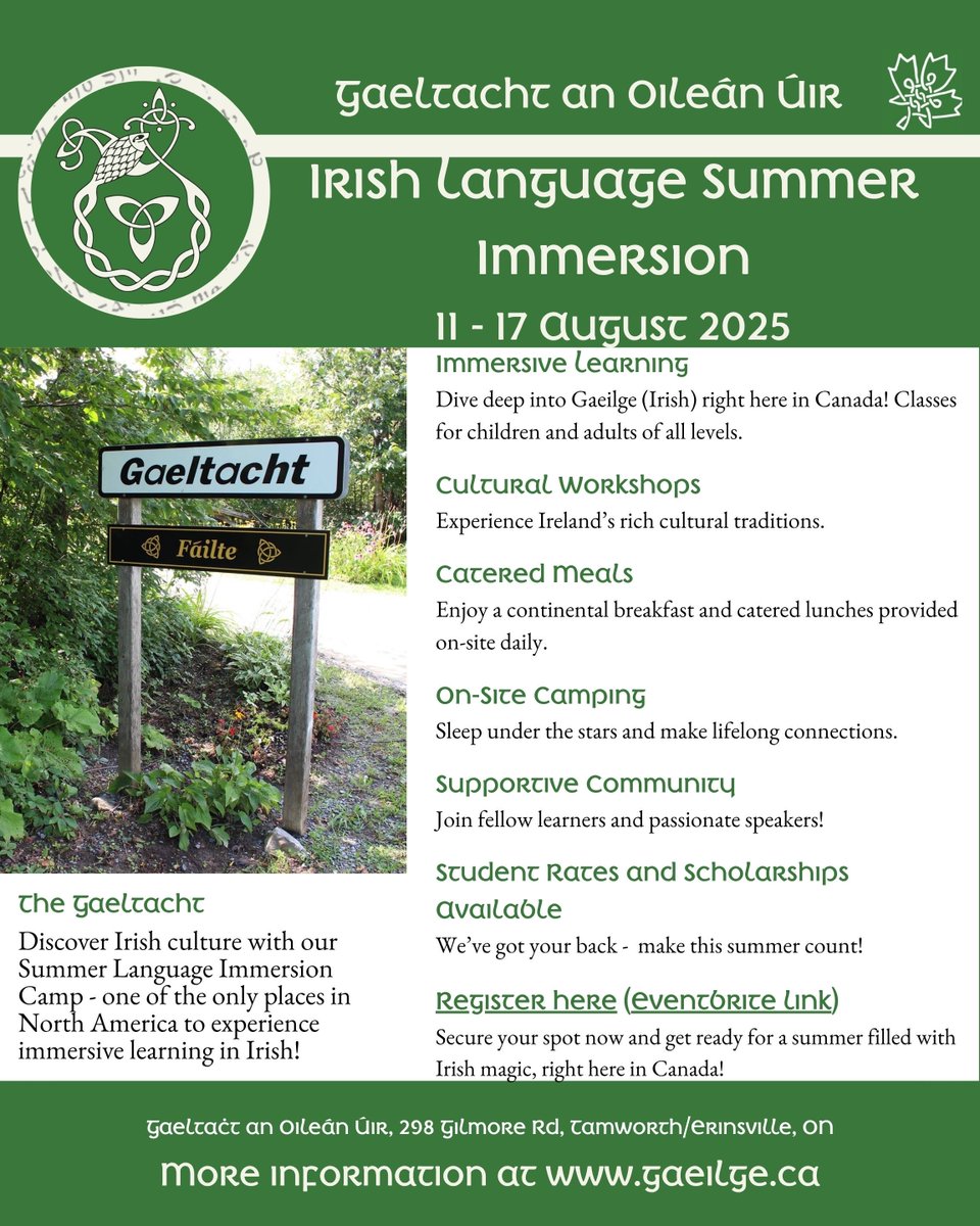 IrlEmbCanada's tweet image. Discover the magic of the Irish Language Summer Immersion Camp with Gaeltacht an Oileáin Úir - The North American Gaeltacht. For one week immerse yourself in Irish language classes, community meals, cultural workshops, and a céili! Sign up here: gaeilge.ca/events/summer-…