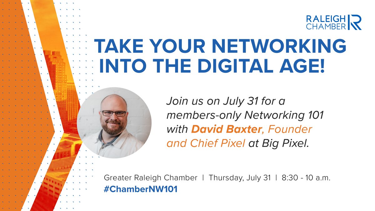 raleighchamber's tweet image. In today's business landscape, effective networking requires digital fluency. Learn from industry expert @DavidBBaxter from @BigPixelNC on 7/31. This isn't your typical event – it's a masterclass in building relationships that drive results! Register now: bit.ly/4ko3MQ2