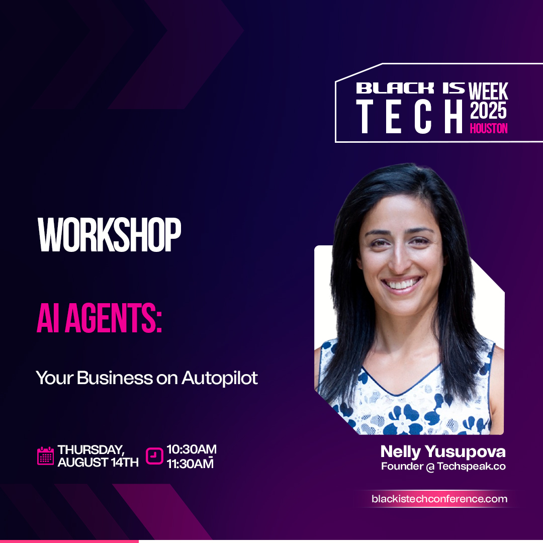 DigitalWoman's tweet image. 🎉 I’m thrilled to be speaking at @blackistech  happening Aug 11–16 in Houston!

💡 I’m leading 2 sessions on AI &amp;amp; startup building ... and I have FREE VIP tickets to give away 👇

#BlackIsTech #TechConference #HoustonTech