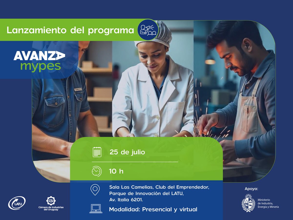 Sumate al lanzamiento del programa #AvanzaMypes que ejecutamos en conjunto con <a href="/LATU_uy/">LATU</a>, y con el apoyo del <a href="/MIEM_Uruguay/">MIEM Uruguay</a>.

➡️La iniciativa está diseñada para apoyar y acompañar a las #Mypes de los sectores 𝐦𝐞𝐭𝐚𝐥𝐦𝐞𝐜𝐚́𝐧𝐢𝐜𝐨, 𝐟𝐨𝐫𝐞𝐬𝐭𝐚𝐥-𝐦𝐚𝐝𝐞𝐫𝐞𝐫𝐨 𝐲 𝐝𝐞