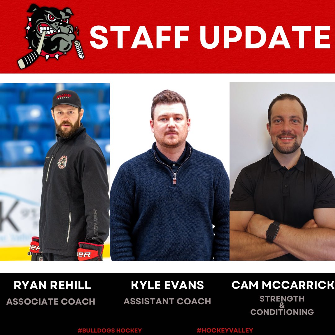 We’re excited to announce the additions to our staff of Kyle Evans as Assistant Coach, Cam McCarrick as Strength and Conditioning Coach, while promoting Ryan Rehill to Associate Coach.  #bulldogshockey #hockeyvalley 

Read more: albernivalleybulldogs.ca/bulldogs-hire-…