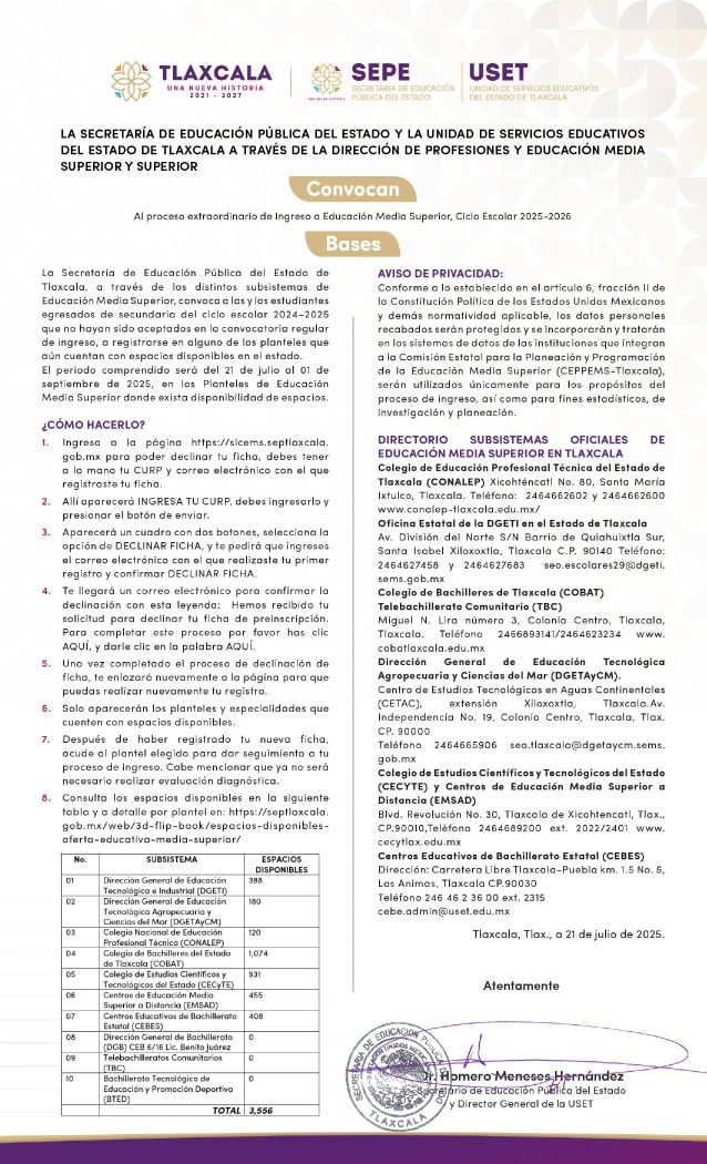 ¡Hecho histórico para Tlaxcala!
La <a href="/septlaxcala/">SEP Tlaxcala</a> lanza el Proceso Extraordinario de Ingreso a EMS 2025-2026 y nos sumamos a esta gran convocatoria.
Si aún no tienes escuela, esta es tu oportunidad.
sicems.septlaxcala.gob.mx
#SerExcelente es #SerCECyTE #SerEMSaD
#UnaNuevaHistoria