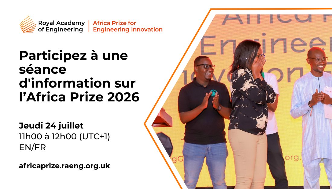 RAEngGlobal's tweet image. Register now for Thursday's information session to get your questions answered about applying for the #AfricaPrize. This week's workshop will be conducted in both English and French: africaprize.raeng.org.uk/about-the-priz…
