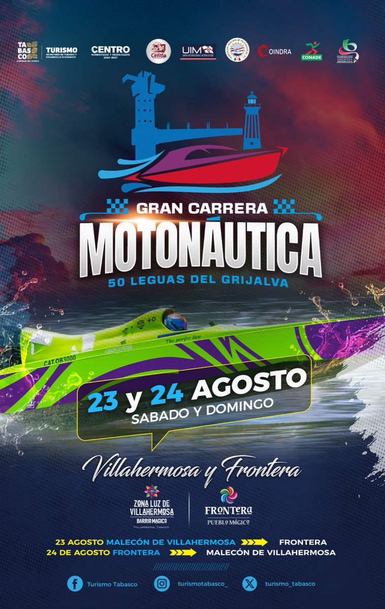 📢 Gran carrera Motonáutica 50 leguas del Grijalva

🗓 23 y 24 de agosto
