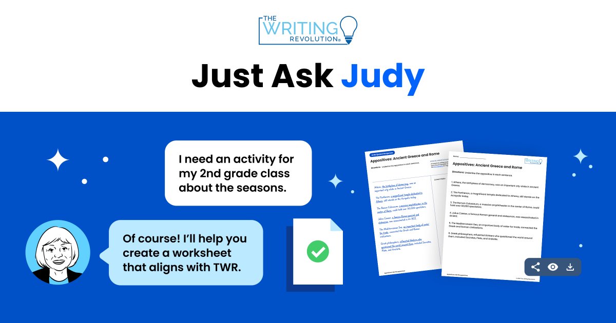 TheWritingRevol's tweet image. Have you ever wanted to just ask Judy? Now you can.
✨ Meet Judy — our new AI-powered coach and activity generator, named after Dr. Judith Hochman, co-author of The Writing Revolution. Judy brings the Hochman Method to life with real-time support and custom writing activities…
