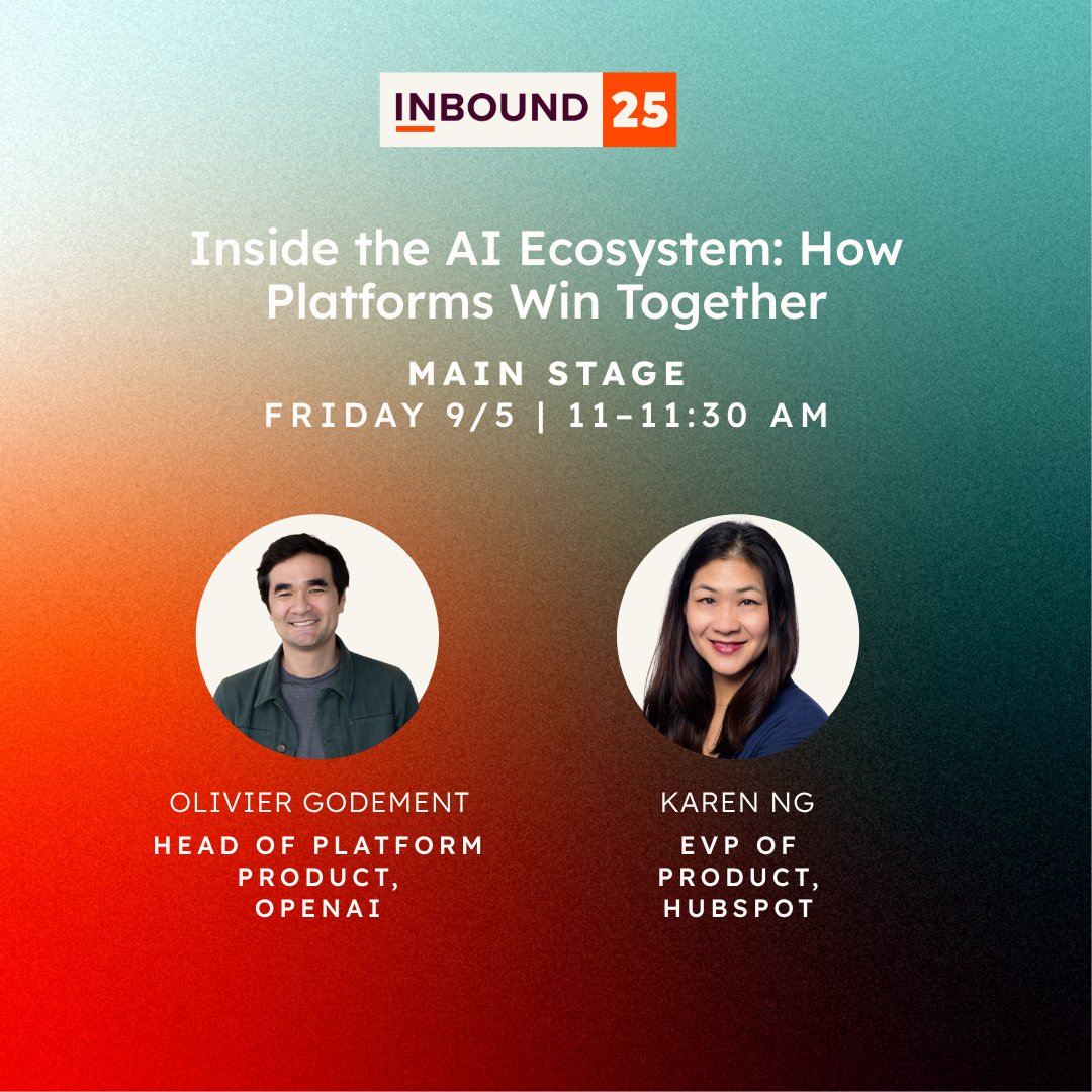 INBOUND's tweet image. 📣 NEW SPEAKER DROP: @OpenAI's Head of Platform @oliviergodement will join @HubSpot's EVP of Product @karenkayliu to explore how platforms are partnering to build tomorrow's business stack at #INBOUND25.
Add to Favorites pronto!