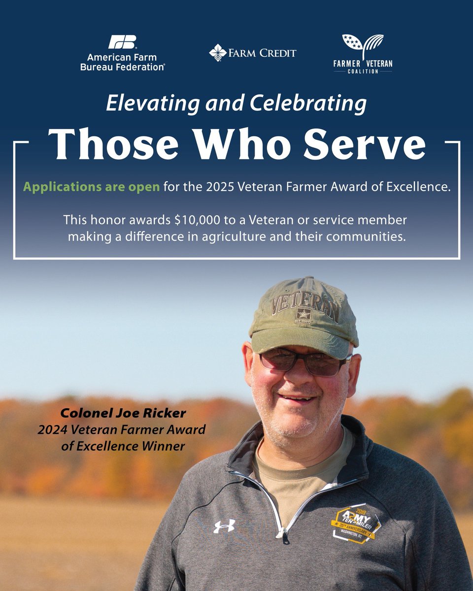 American Farm Bureau, with support from Farm Credit, is now accepting applications for the Veteran Farmer Award of Excellence. This award recognizes military Veterans and service members who are making a difference in agriculture and their communities. 
hubs.la/Q03y5ZMY0