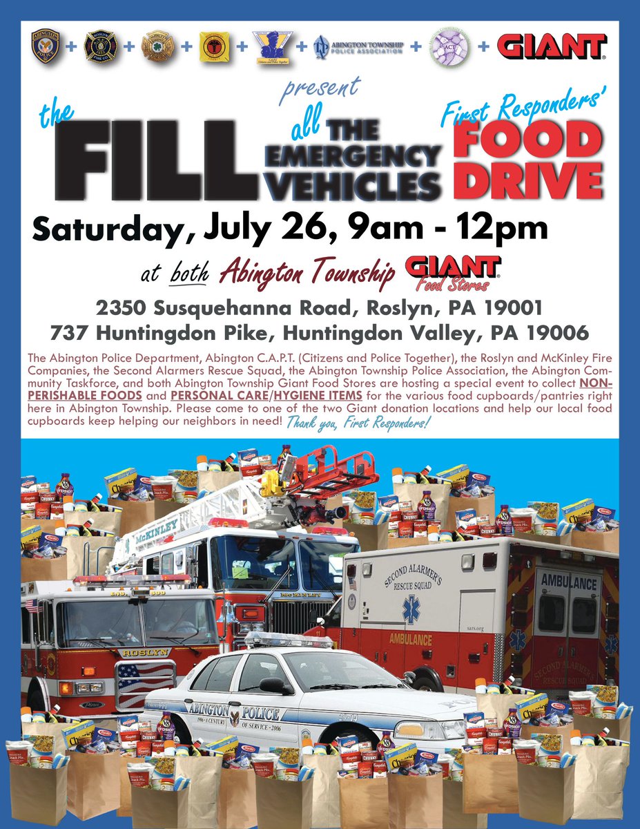 AbingtonPolice's tweet image. Annual First Responders Food Drive – This Saturday! 

Join us for our Annual Food Drive this Saturday, 9 AM – 12 PM at Huntingdon Valley and Roslyn Giants!

We’re collecting non-perishable food items and monetary donations to support families in need right here in our community.