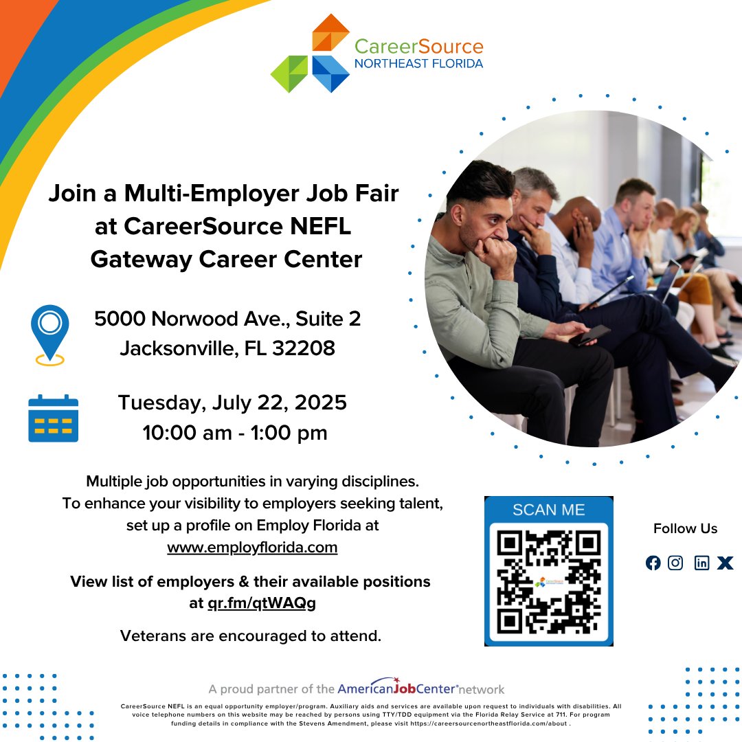 CareerSourceNEF's tweet image. CSNEFL is hosting a Multi-Employer Job Fair at CSNEFL Gateway Career Center **TOMORROW**
Date: July 22, 2025 at 10am - 1pm
Check the list of employers &amp;amp; available positions: qr.fm/qtWAQg
#jobseekers #jaxjobs #cityofjax #joinjso #ccsofl #jacksonvilleflorida #veterans
