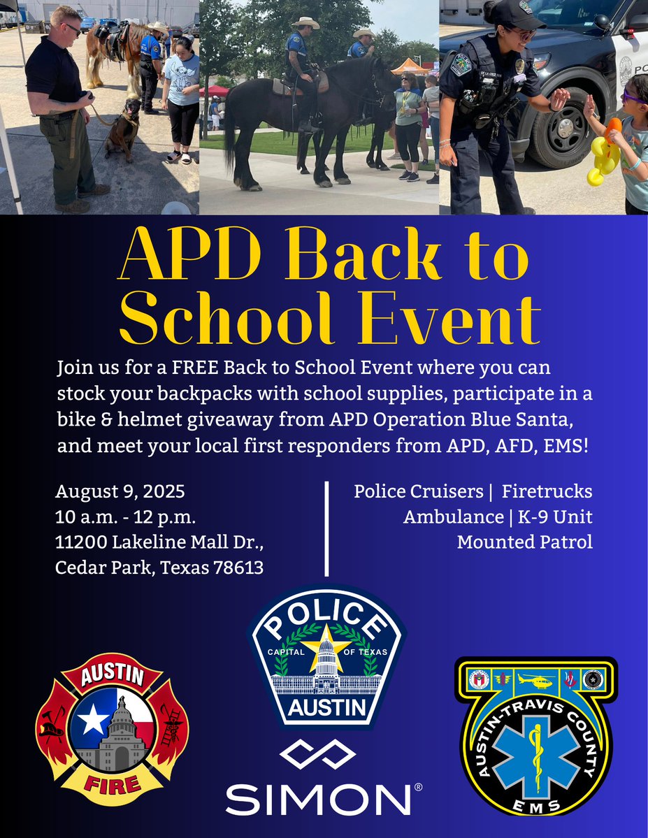 Austin_Police's tweet image. Join us on August 9, 2025, for a FREE Back to School Event for school supplies, a bike & helmet giveaway from APD Operation Blue Santa, and meet your local first responders from APD, AFD, EMS! Check out the attached flyer for all of the details!