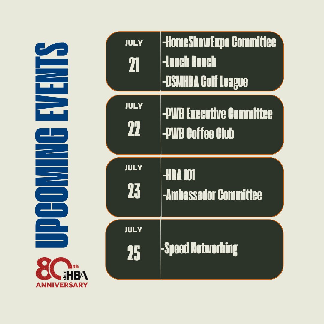It's another busy week at the DSMHBA! 

Please check our full event calendar for all upcoming events and RSVP by clicking the link below. 

l8r.it/QF1h

#dsmhba #events #membership #networking