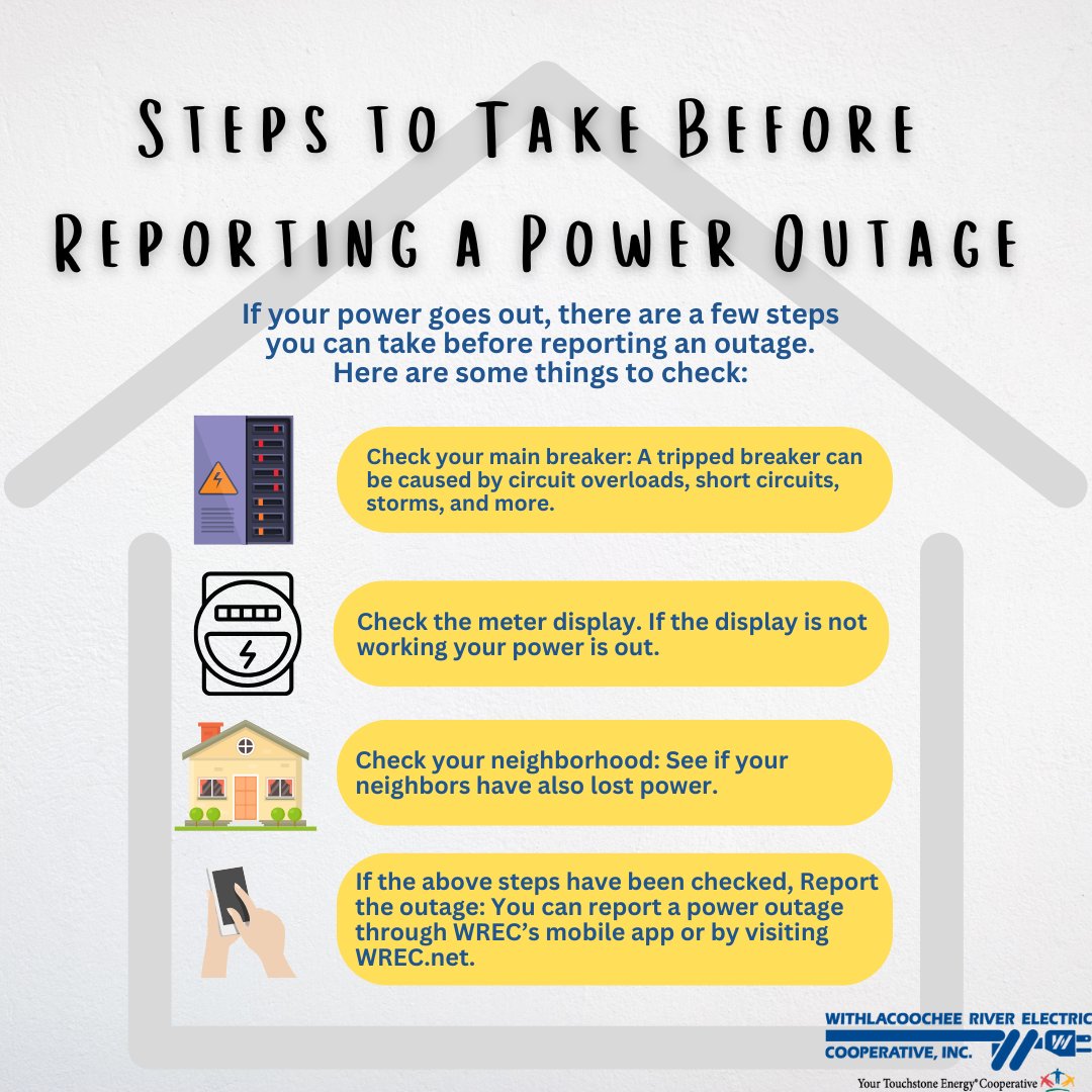 Before You Report a Power Outage... Check These First! ⚡

Save time for yourself and WREC by doing a quick self-check. If everything checks out and you're still in the dark, go ahead and report the outage. Stay safe and stay informed! 💡#wreccoop