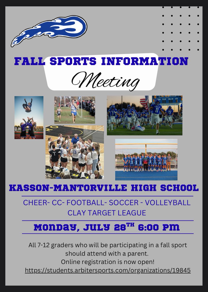 jessschoeny's tweet photo. Fall Sports information meeting is 1 week away!  Get your students registered online now.  @KMKometsHS @KMMS_Larsen @KM_Activities https://t.co/LwHbh6MvF2