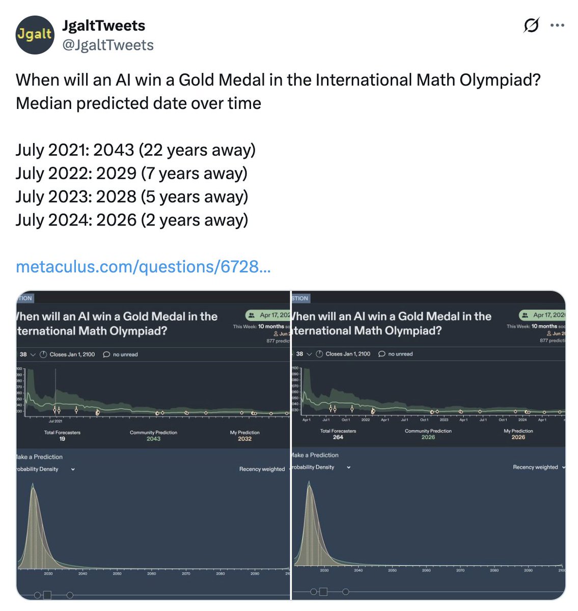 mark_k's tweet photo. Just a few years ago, people thought we were 22 years away from AI winning an IMO Gold Medal!

Now OpenAI has done it. https://t.co/ewhrAAht54