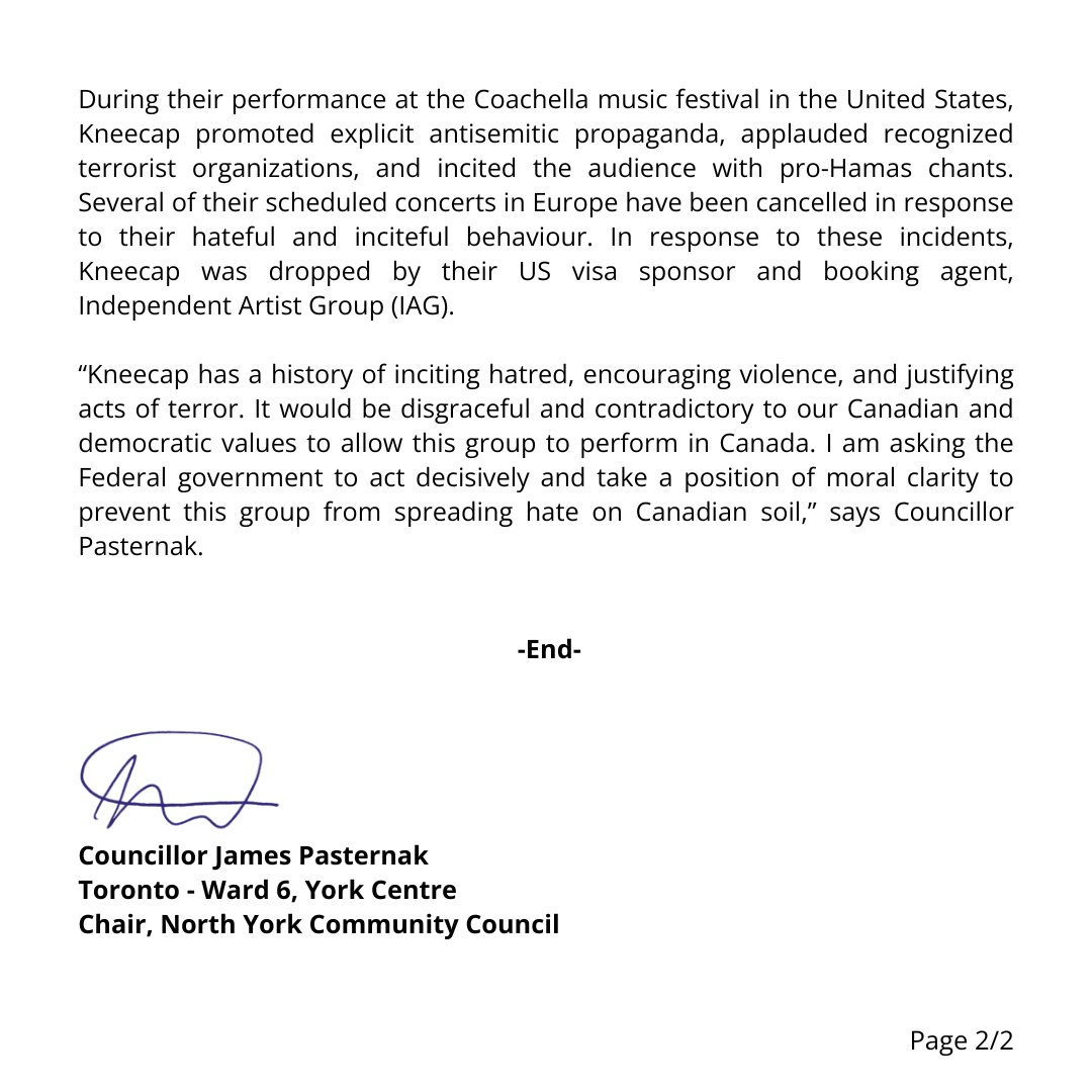 PasternakTO's tweet image. Councillor James Pasternak calls on the Federal Government to bar the hate inspired music group “Kneecap” from entering Canada.