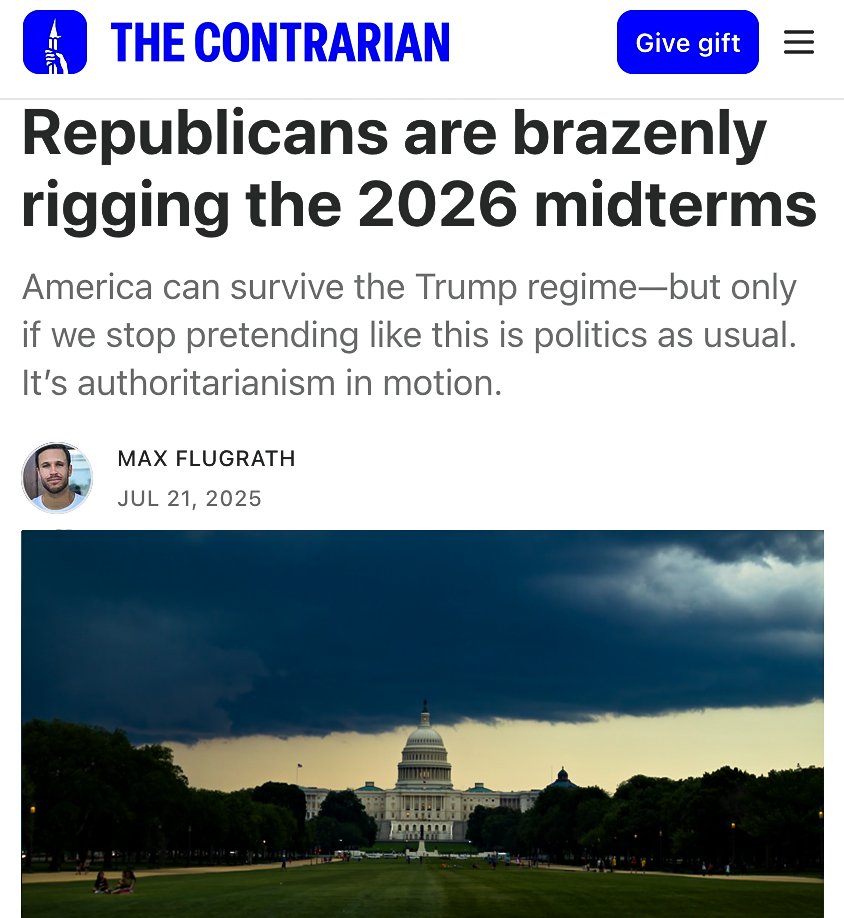 MaxFlugrath's tweet image. NEW: Their agenda is so unpopular, they’re rigging the midterms in plain sight.

Trump and Republicans want to steal 5 House seats – not by earning votes, by redrawing maps.

I wrote about this + why Democrats must use their power ruthlessly, just like Beto O’Rourke said on CNN.