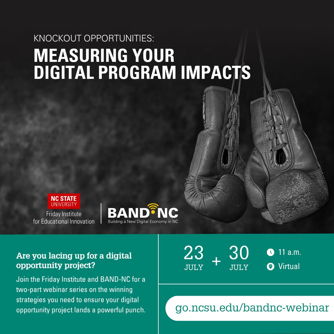 The Institute for Emerging Issues (@emergingissues) on Twitter photo Join <a href="/FridayInstitute/">Friday Institute</a> + BAND-NC for "Knockout Opportunities: Measuring Your Digital Program Impacts", a 2-part webinar series designed to equip you w/ winning strategies that ensure your digital opportunity program lands a powerful punch. š„ Register: go.ncsu.edu/bandnc-webinar Join <a href="/FridayInstitute/">Friday Institute</a> + BAND-NC for "Knockout Opportunities: Measuring Your Digital Program Impacts", a 2-part webinar series designed to equip you w/ winning strategies that ensure your digital opportunity program lands a powerful punch. š„ Register: go.ncsu.edu/bandnc-webinar