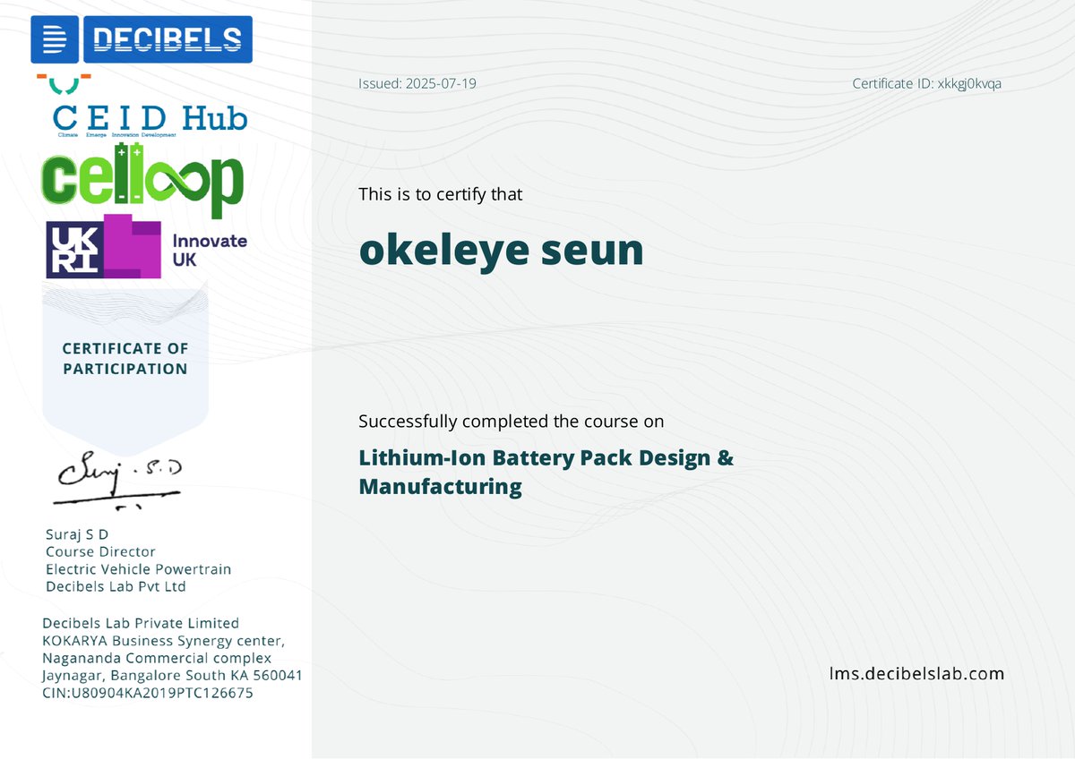 MusbauOkeleye's tweet photo. @CeidHub i successfully completed my course on battery pack design https://t.co/PS0TaoNovZ