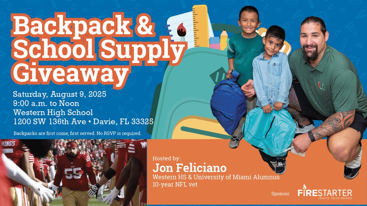 Frances Reimers (@yourfirestarter) on Twitter photo For the 5th year, NFL vet <a href="/MongoFeliciano/">Jonathan Feliciano</a> is giving back with his annual backpack and school supply giveaway at his alma mater, WesternHigh School in Davie, FL! π 480 backpacks availableβfirst come, first served. No RSVP needed. For the 5th year, NFL vet <a href="/MongoFeliciano/">Jonathan Feliciano</a> is giving back with his annual backpack and school supply giveaway at his alma mater, WesternHigh School in Davie, FL! π 480 backpacks availableβfirst come, first served. No RSVP needed.