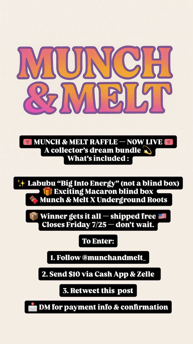 hbananaa_'s tweet image. ok ok okkkaaayyyyy, @munchandmelt_ X Labubu Raffle is LIVE ❗️
$90 value - $10 buy in!
Let’s see who gets lucky!
Must follow the rules accordingly 💜
Ends 7/25