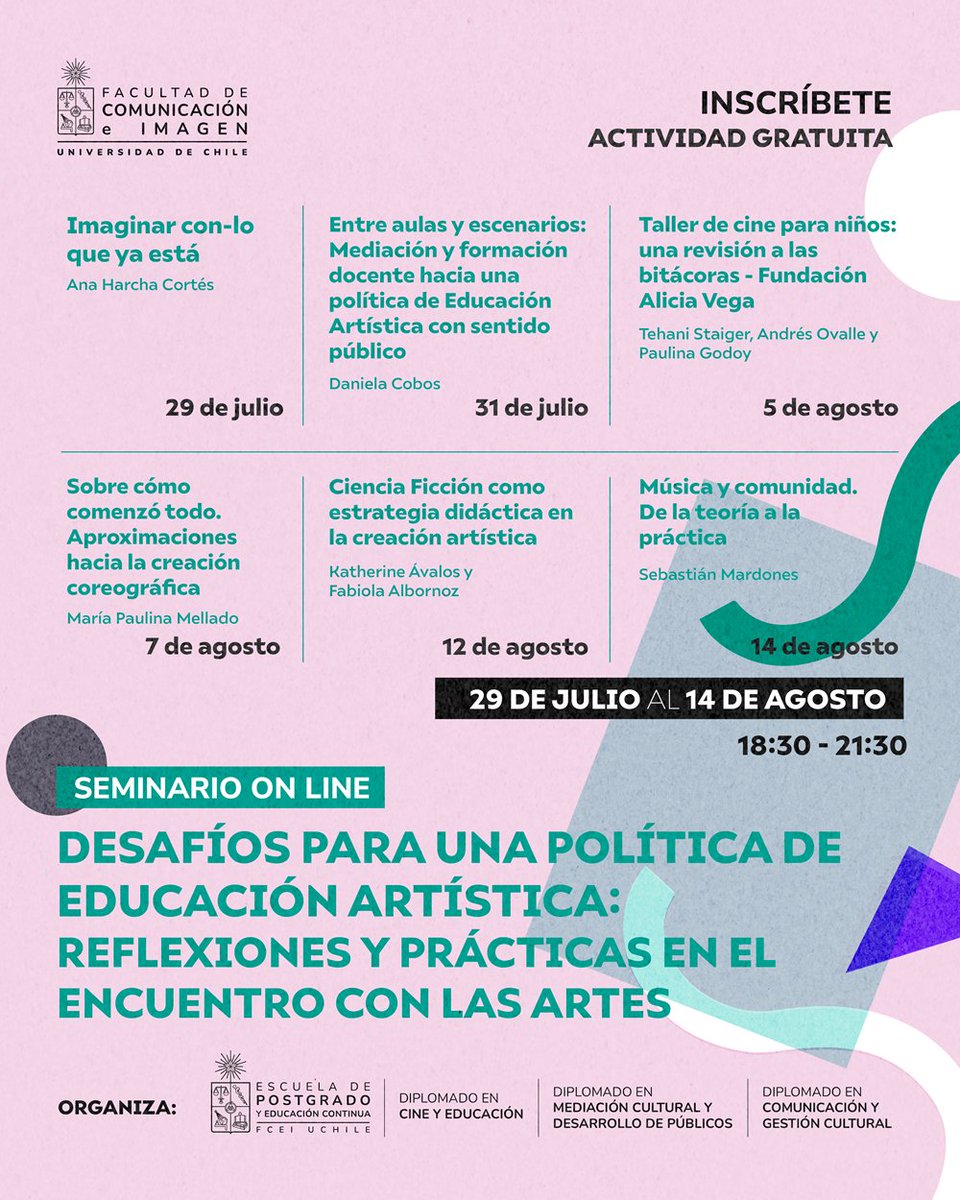 🎭🎨¡Inscríbete a este seminario on line y gratuito! Desafíos para una Política de Educación Artística: Reflexiones y prácticas en el encuentro con las artes. Más información acá: uchile.cl/c229466 #Artes #Educación #Chile