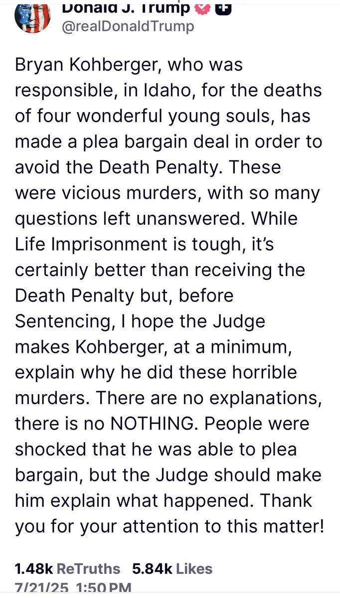 I’m surprised Trump didn’t just ignore the plea deal and order Kohberger to death. His Authoritarianism is slipping.