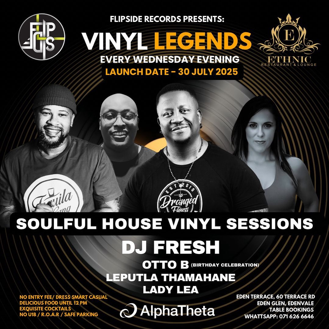 OttoB_'s tweet image. VINYL LEGENDS – launching Wednesday, 30 July 2025 at the luxurious Ethnic Restaurant & Lounge! @ethnic_restaurant
📍 Eden Terrace, Edenvale
📲 Book your table now via WhatsApp: 071 626 6646
This is where legends come to play – see you on the dance floor! 🕺💃