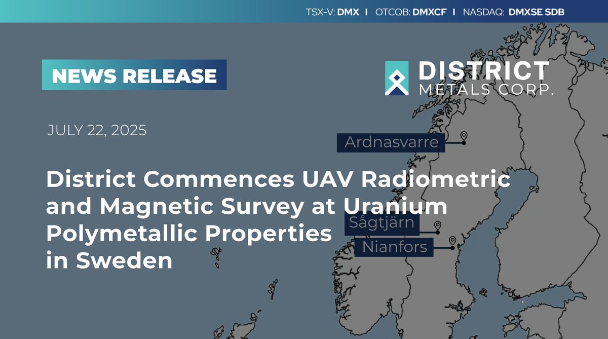 district_metals's tweet image. #NewsRelease: District Commences UAV Radiometric and Magnetic Survey at Uranium Polymetallic Properties in Sweden
Read: districtmetals.com/news/2025/dist…
🇨🇦 $DMX.v | 🇺🇸 $DMXCF | 🇸🇪 $DMXSE SDB #uranium #criticalminerals