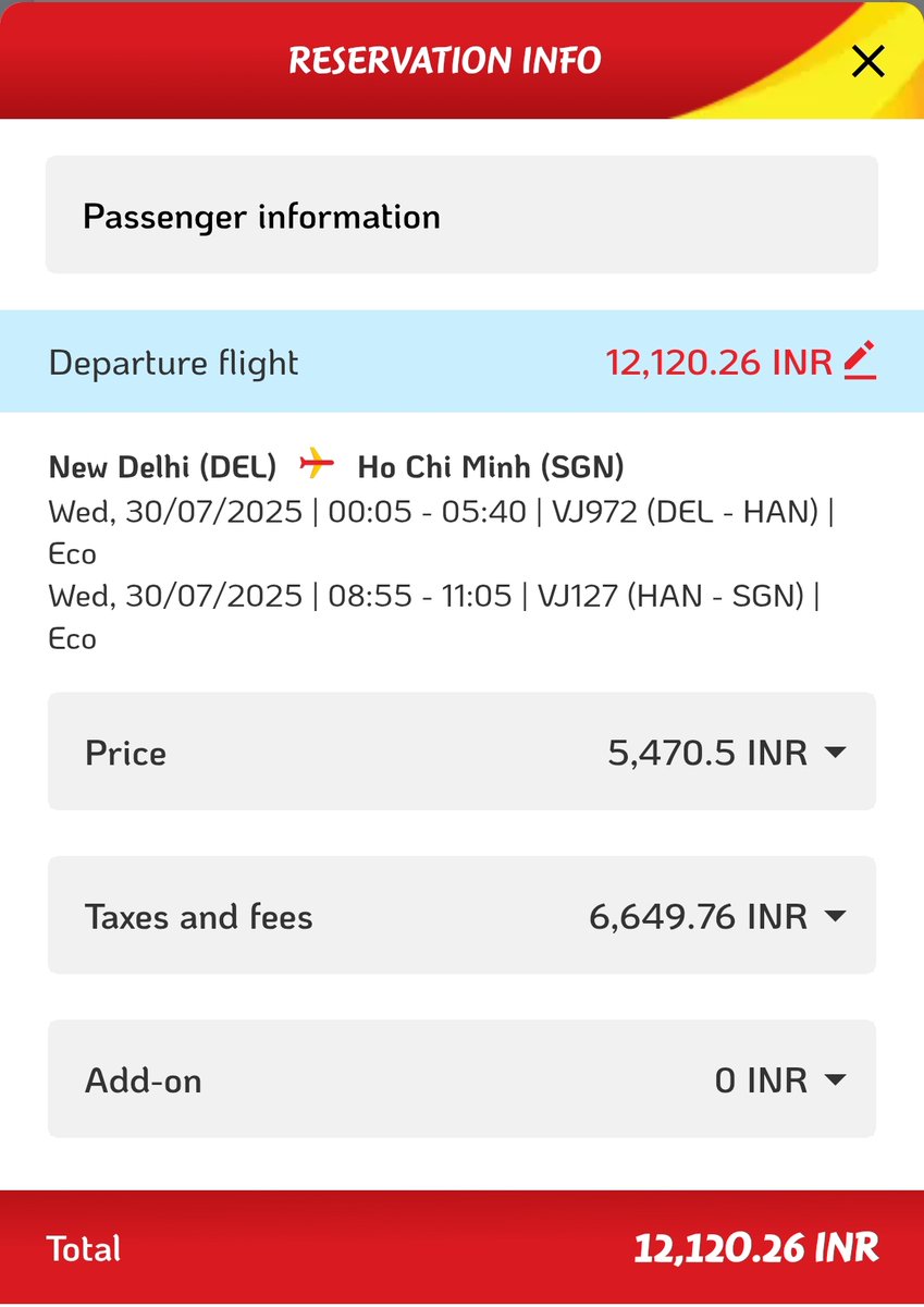 ghoshvidip26's tweet image. Vietjet initially shows low fare then later on adds taxes. Initially showing 5K & later fare adds upto 12K. What's the reason behind this? Also, they ask extra for checkin baggage. This is not fair.