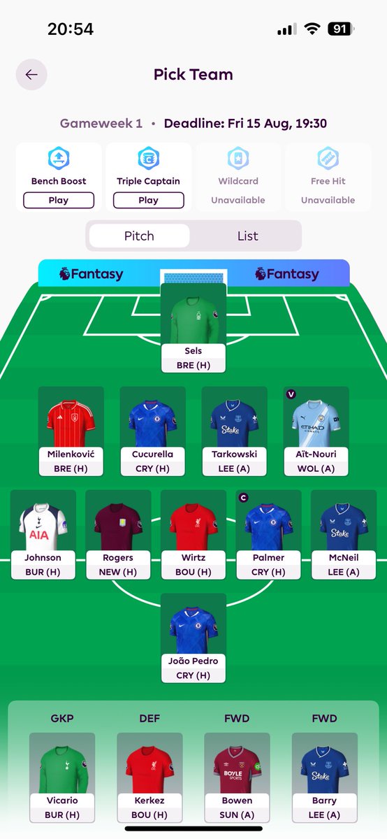 PaulGoldsmith73's tweet image. Here’s my GW1 Bench Boost draft. Aim is to wildcard in Arsenal and Newcastle and probably one of the big premiums GW6.