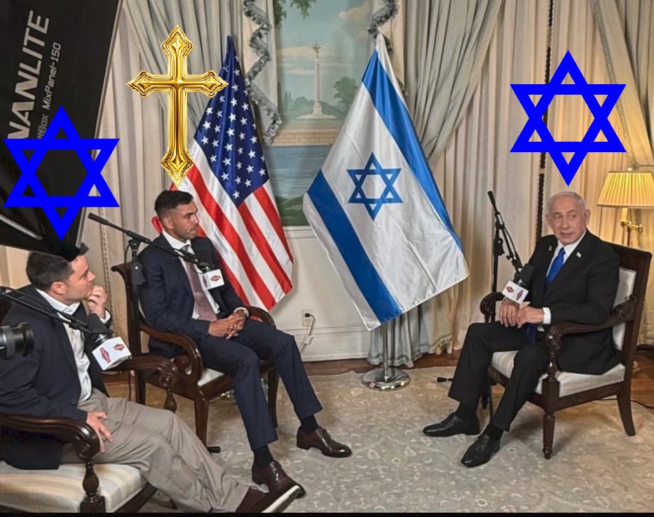 TaroWheel's tweet image. I've noticed this phenomenon in America media where a White Christian is always surrounded on both sides by Jews.