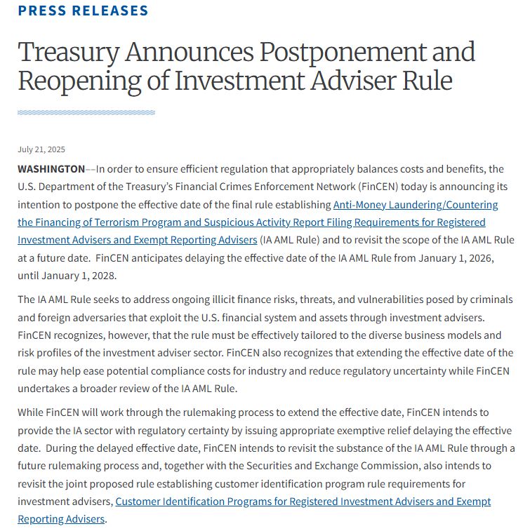 investing_law's tweet image. 🚨 Investment fund/SPV managers just caught a big break.
On January 1, 2026, Registered Investment Advisers (RIAs) and Exempt Reporting Advisers (ERAs) were going to need to implement heightened KYC/AML processes.
Now, it looks like these rules are going the way of the…
