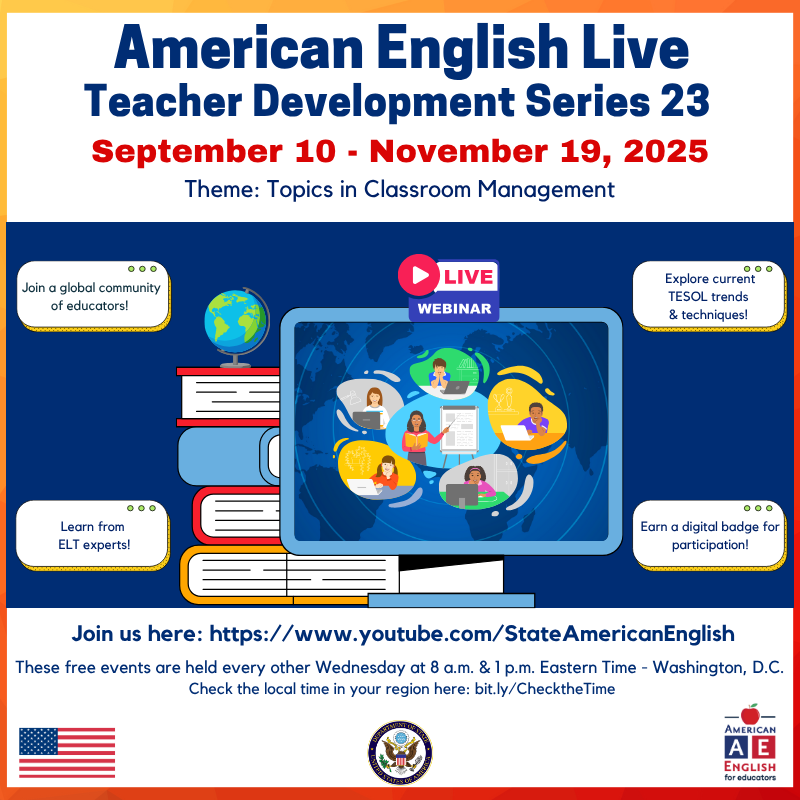 COPOCYT's tweet image. Atención docentes de inglés! RELO México te invita a la Serie 23 de American English Live del 10 de septiembre al 19 de noviembre Tema: Classroom Management 6 sesiones, cada dos miércoles 6:00 a.m. y 11:00 a.m. YouTube: youtube.com/stateamericane…
Regístrate americanenglish.state.gov