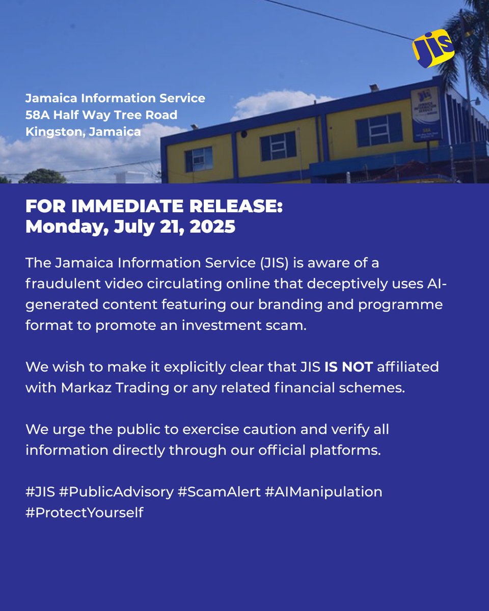 JISNews's tweet image. An AI-generated video is falsely using JIS branding and content to promote a fraudulent investment scheme.

JIS is not affiliated with Markaz Trading or any such promotion.

This misuse of our material is unauthorised and deceptive.

Please report suspicious content and rely only…