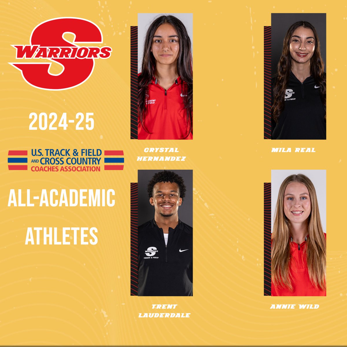 GoStanState's tweet image. FOUR Warriors named USTFCCCA All-Academic! ๐๐ฅ
Annie Wild, Trent Lauderdale, Mila Rea & Crystal Hernandez shine on the track and in the classroom. For the complete release, go to the linktree in the bio. #ValleyTough