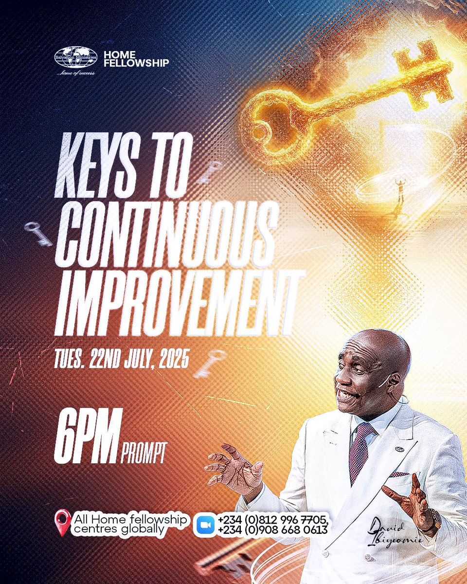 smhosglobal's tweet image. Grow, rise, become more.
There’s a key for your next level.
Tuesday, 6PM — Keys to Continuous Improvement

📍 All Home Fellowship centres globally
#SMHOS #HomeFellowship