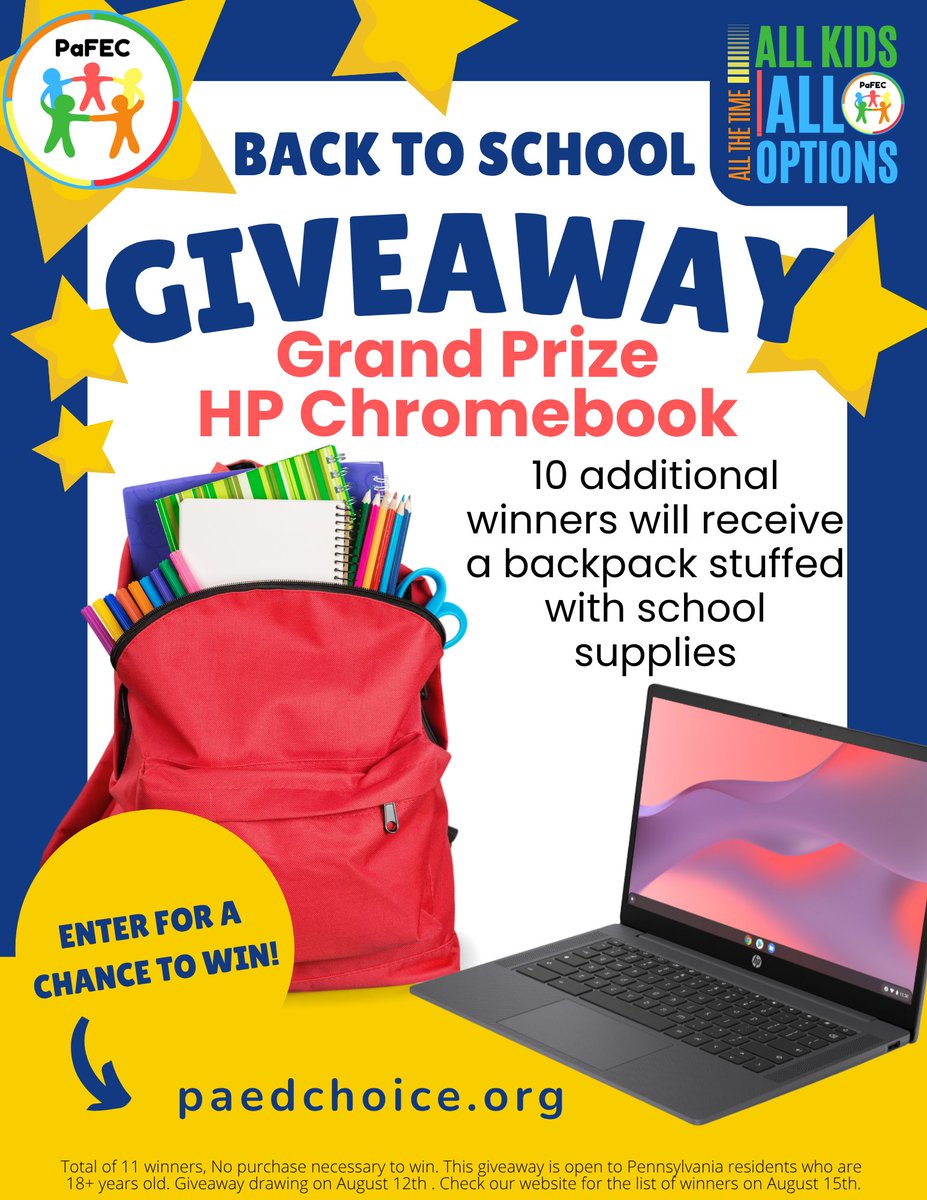 PaEdChoice's tweet image. 🎉📚 Our Back to School Giveaway has officially begun! Don't miss your opportunity to bag some fantastic prizes - head on over to paedchoice.org RIGHT NOW! 🎁🎈
Wouldn't you just love to be the proud owner of our grand prize? A brand-new HP Chromebook! 💥💻
But,…