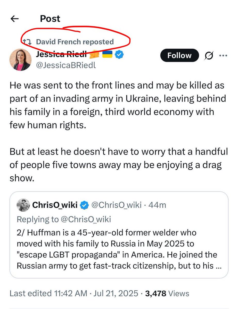 megbasham's tweet image. Moving to Russia for better family values is beyond foolish, of course. But noteworthy that both @DavidAFrench and @thedispatch’s new trans economics reporter are sneering at the people who have worked to keep perverse sexualized shows from being performed in front of kids.…