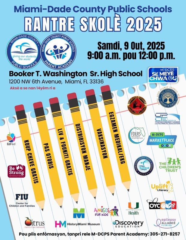 PWEHornets's tweet image. Come join us on Saturday, August 9, 2025 for a Back-to-School Event at Booker T. Washington SHS. FREE food, school supplies, vaccines, sports physicals, haircuts, and more! Please call @ParentAcadMiami for more information (305) 271-8257.