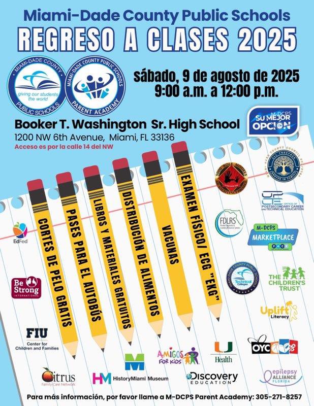 PWEHornets's tweet image. Come join us on Saturday, August 9, 2025 for a Back-to-School Event at Booker T. Washington SHS. FREE food, school supplies, vaccines, sports physicals, haircuts, and more! Please call @ParentAcadMiami for more information (305) 271-8257.