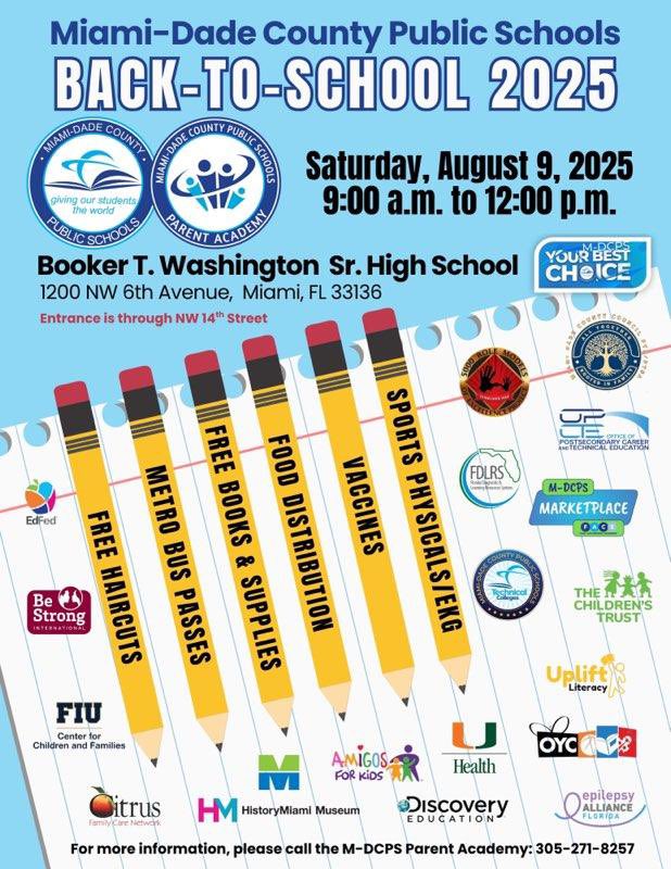 PWEHornets's tweet image. Come join us on Saturday, August 9, 2025 for a Back-to-School Event at Booker T. Washington SHS. FREE food, school supplies, vaccines, sports physicals, haircuts, and more! Please call @ParentAcadMiami for more information (305) 271-8257.