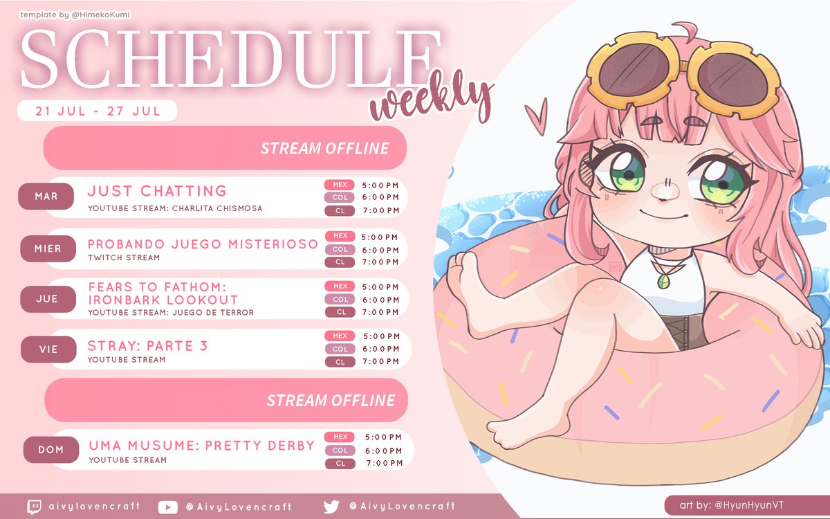 AivyLovencraft's tweet photo. 【Calendario & Tags】
JUL 21 - JUL 27♥️
(Calendario sujeto a cambios con posibilidad de streams no programados)
GENERAL: #AivyLovencraft
LIVE: #AivyLive
ART: #AivyDraw / NSFW: #HentAivy
FANNAME: #Craftitos
MEMES: #LovenMemes https://t.co/HZfEREc8hH