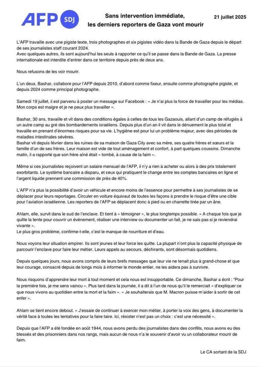 HalaAbouHassira's tweet image. L’AFP déclare que c’est la première fois dans toute son histoire que ses journalistes sur le terrain sont confrontés au risque de mourir de faim.
@afpfr