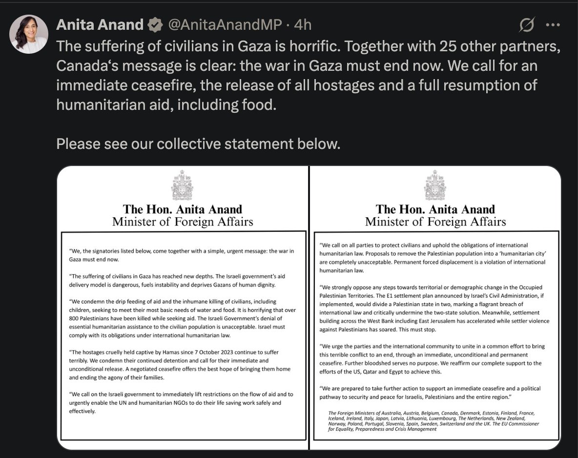 TedRutland's tweet image. More genocide theatre from Canada and 24 other countries. "Calling on" Israel to do anything is pointless. Claiming they are "prepared to take further action" is a joke when the exact same wording was used in the UK-France-Canada joint statement two months ago. Shame.