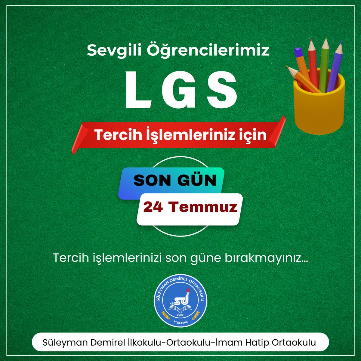 Kızıltepe Süleyman Demirel İlkokulu-Ortaokulu-İHO (@sdemirelilkorta) on Twitter photo Hangi liseye gideceğinizi seçemediniz mi?
Size danışmanlık yapmaya hazırız.
<a href="/ali_eyyupkoca/">Ali Eyyupkoca</a> <a href="/SuleymnAKIN/">Süleyman AKIN🇹🇷</a> <a href="/KiziltepeKymlk/">T.C. Kızıltepe Kaymakamlığı</a> <a href="/kiziltepemem47/">Kızıltepe İlçe Milli Eğitim Müdürlüğü</a> <a href="/akadirgms/">Abdulkadir Gümüş</a> <a href="/Recepoz47/">Recep Özçelik</a> Hangi liseye gideceğinizi seçemediniz mi?
Size danışmanlık yapmaya hazırız.
<a href="/ali_eyyupkoca/">Ali Eyyupkoca</a> <a href="/SuleymnAKIN/">Süleyman AKIN🇹🇷</a> <a href="/KiziltepeKymlk/">T.C. Kızıltepe Kaymakamlığı</a> <a href="/kiziltepemem47/">Kızıltepe İlçe Milli Eğitim Müdürlüğü</a> <a href="/akadirgms/">Abdulkadir Gümüş</a> <a href="/Recepoz47/">Recep Özçelik</a>