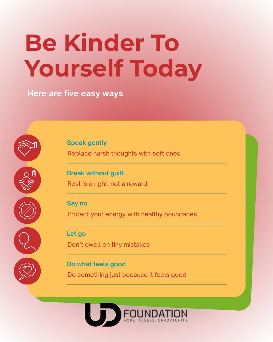 You deserve kindness—from others, and especially from yourself. 💛
Here are 5 simple ways to be gentler with YOU today.
Your mental well-being matters. Let’s lead with compassion—starting within.

#UdonisHaslemFoundation #MentalHealthAwareness #HopeAccessOpportunity