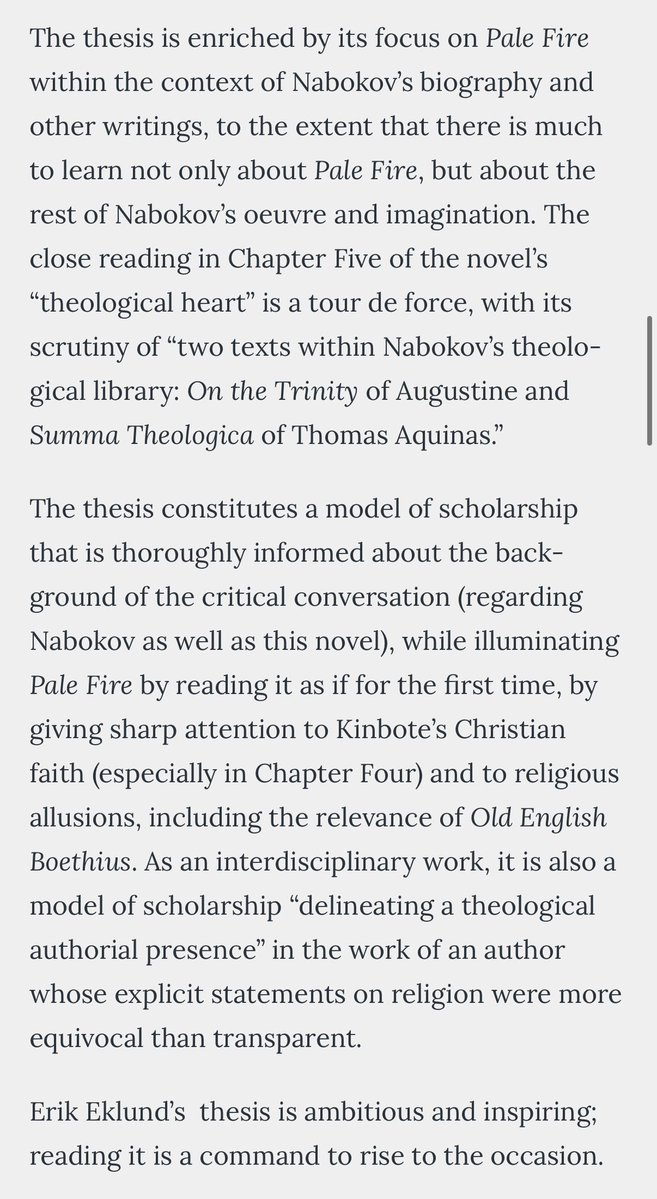 Eklundsays's tweet image. I am absolutely elated beyond belief to share that the International Vladimir Nabokov Society has awarded my PhD dissertation, “A Triptych of Bottomless Light: Repetition, Originality & Transcendence in Nabokov’s Pale Fire,” the 2024 Zoran Kuzmanovich Prize!