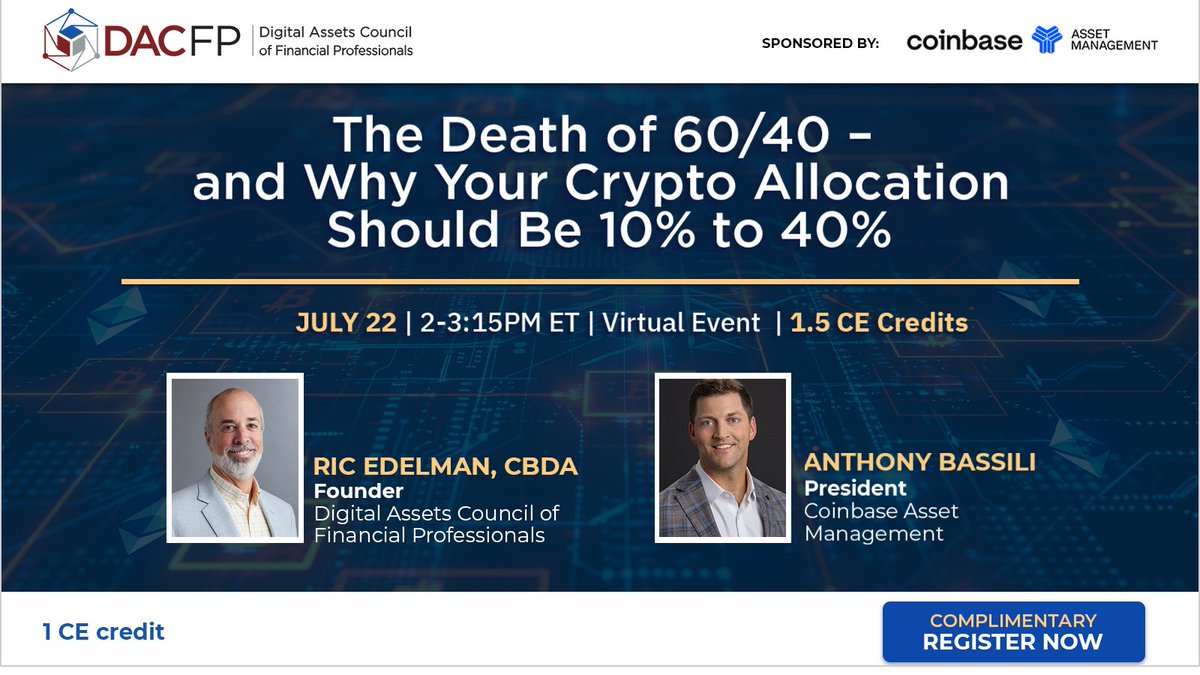 CoinbaseAM's tweet image. We’re joining @ricedelman and @thedacfp tomorrow to discuss digital asset allocation and strategies to help position your clients for this new era of crypto.
If you’re an advisor, wealth manager or investor, tune in here: dacfp.com/events/the-dea…