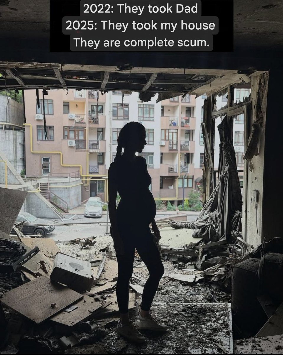 BohuslavskaKate's tweet image. A pregnant woman stands amid the ruins of her home, destroyed by a russian drone last night in Kyiv.