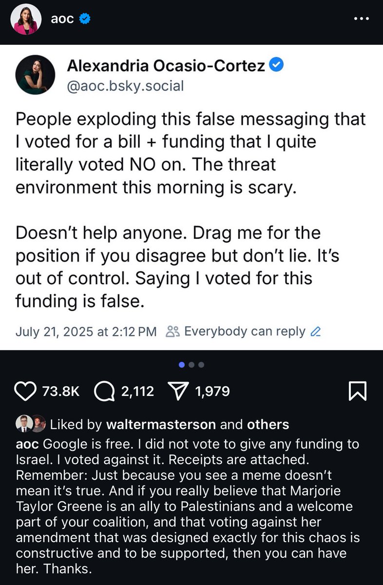 AOC is a fraud. After her office got vandalized, she put out new posts defending her vote to send ‘defense equipment’ to the IGF.

AOC is, in effect, supporting imperial war on Iran and the genocide in Gaza.

ISRAEL DOESN'T HAVE THE RIGHT TO DEFEND ITSELF UNDER INTERNATIONAL LAW!